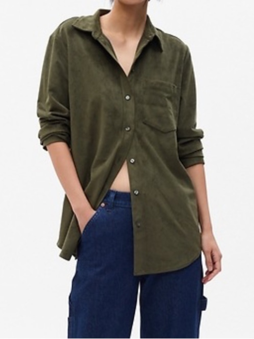 Gap Faux Suede Boyfriend Shirt Deep Depths Green Button Down Oversized Size XXL